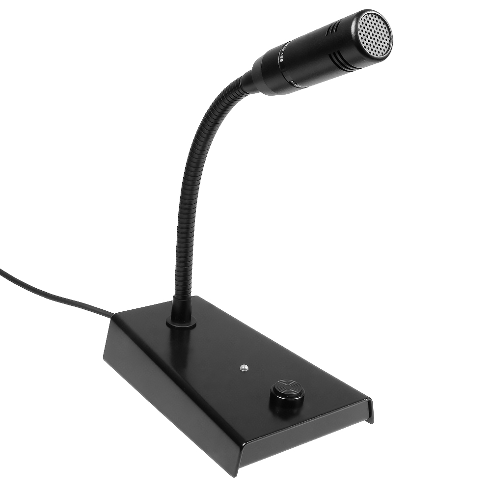 Black tabletop microphone with flexible gooseneck and base button.
