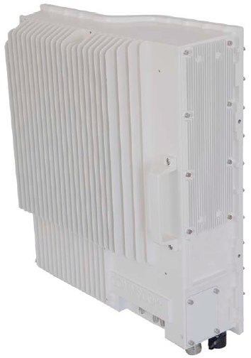 Module électronique rectangulaire blanc avec ailettes de refroidissement.