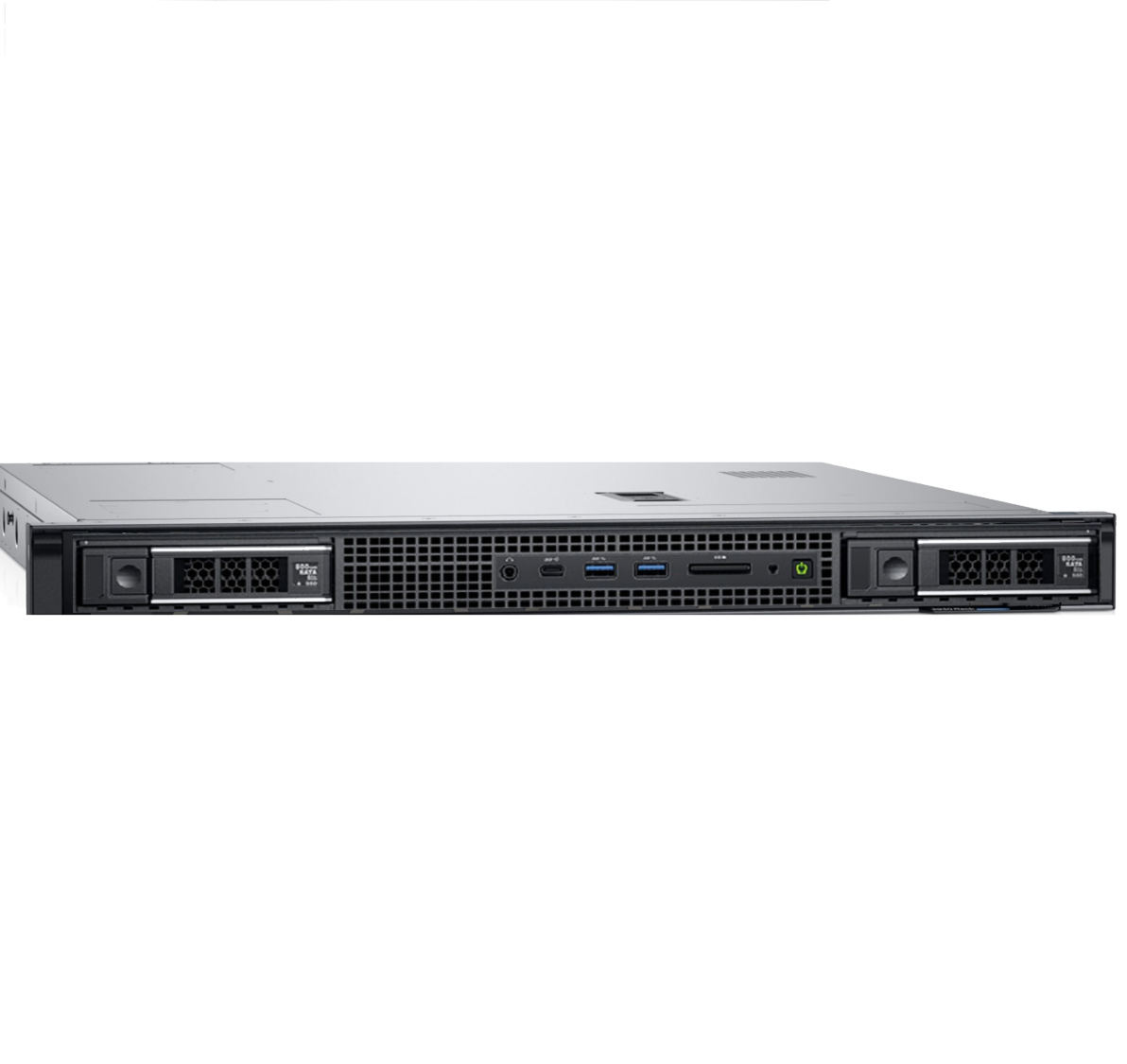 Vooraanzicht van een zwarte rack-server met poorten en ventilatieopeningen.