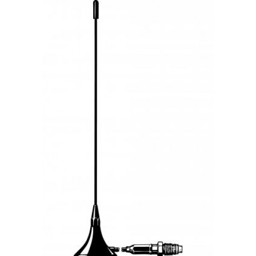 Zwarte staafantenne met kabel en stekker op witte achtergrond.
