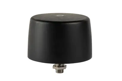Zwarte cilindrische antenne met metalen schroefdraad aan de onderkant.