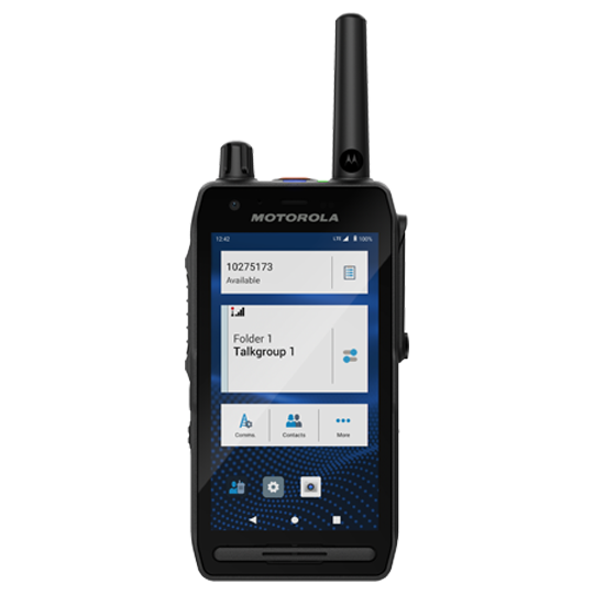 Radioapparaat met antenne en display met contacten en groepen.
