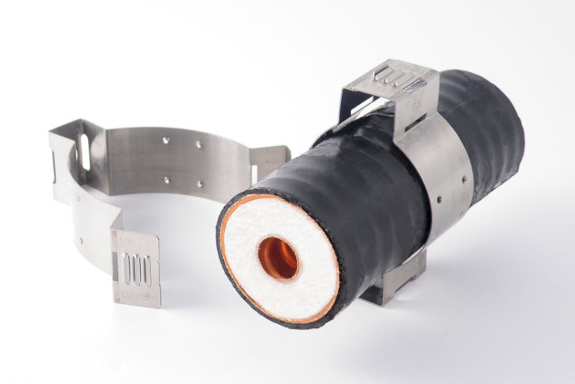 Insulated pipe clamp with metal bracket, black casing, white and copper inner pipe.