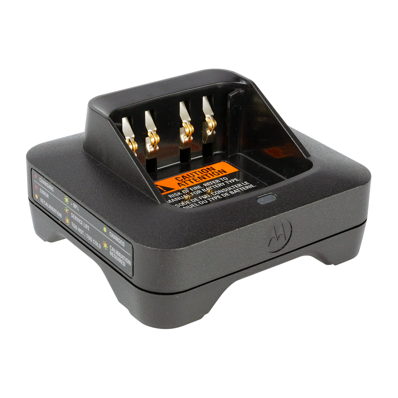 Black battery charger with four gold contacts and warning labels.