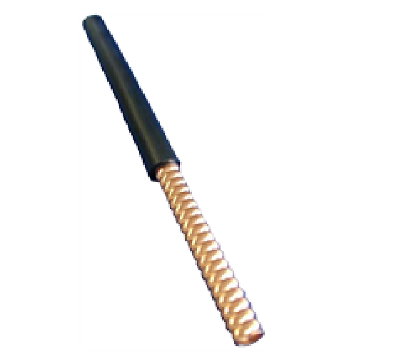 A copper-colored ribbed handle with rubber coating.