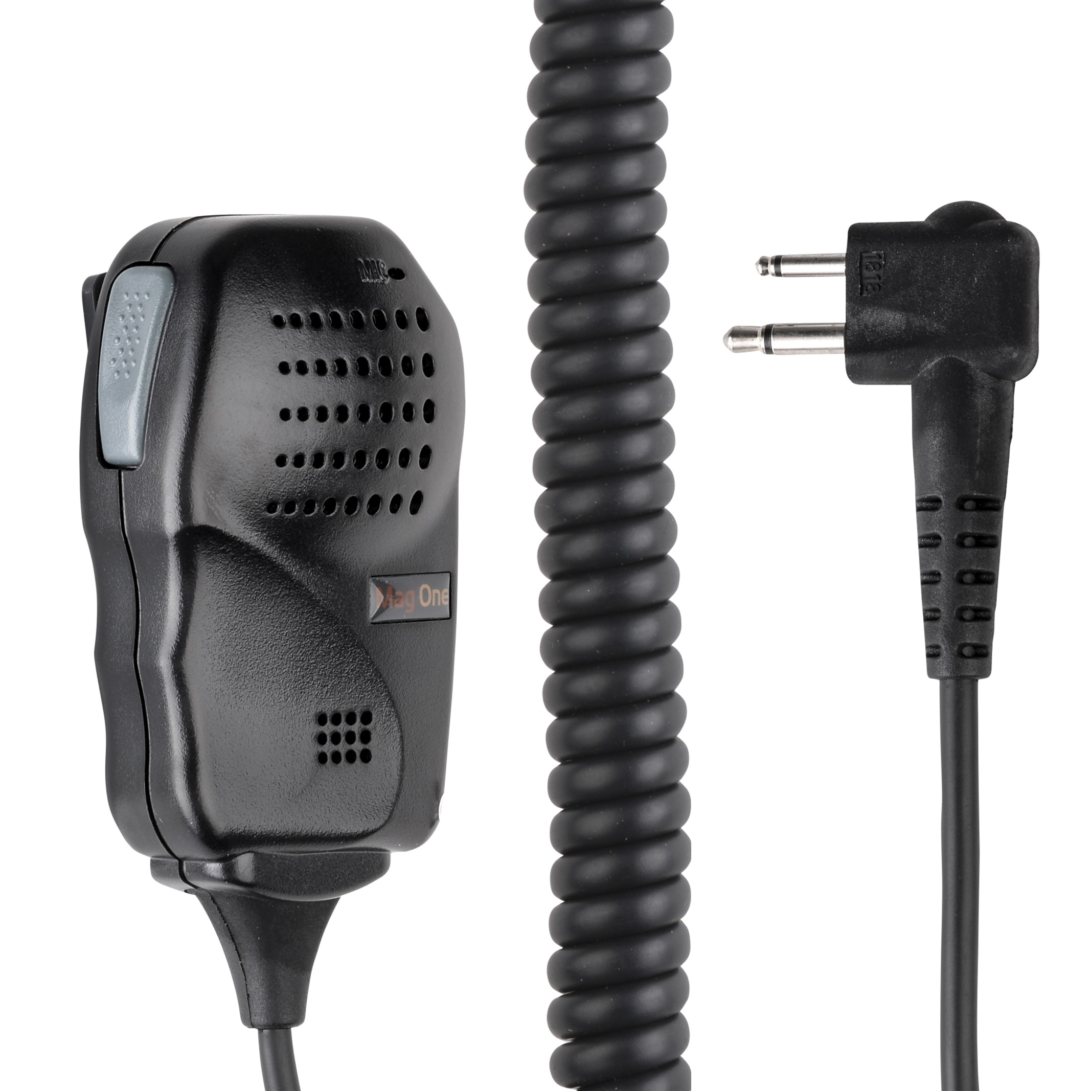 Black radio microphone with coiled cable and dual plug.