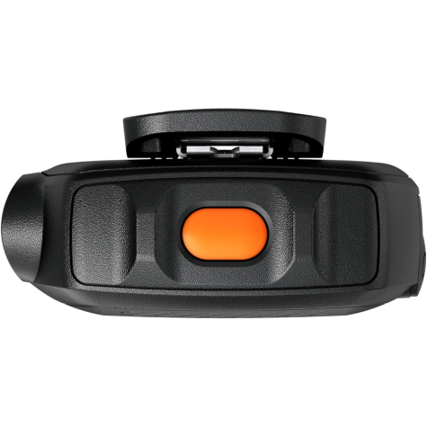 Close-up of a black camera with an orange button.