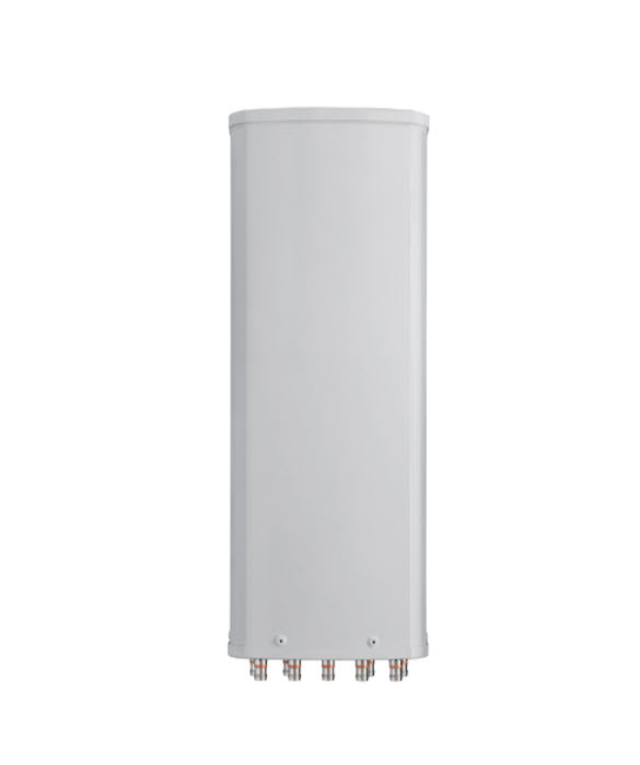 Verticale grijze antenne met zes aansluitingen aan de onderkant.