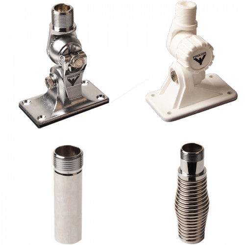 Deux supports d'antenne, un en métal et un en plastique, et deux tubes de raccordement.