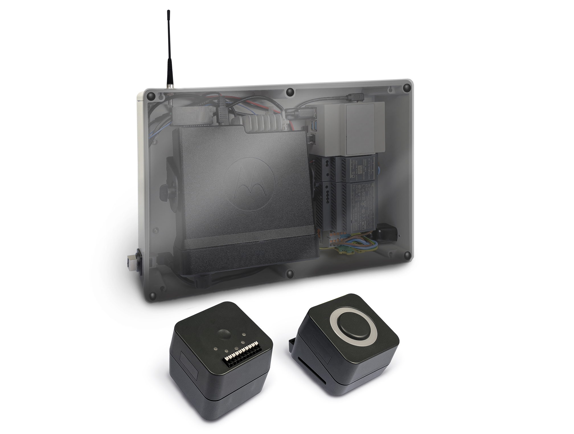 Open elektronisch apparaat met antenne en twee zwarte modules.