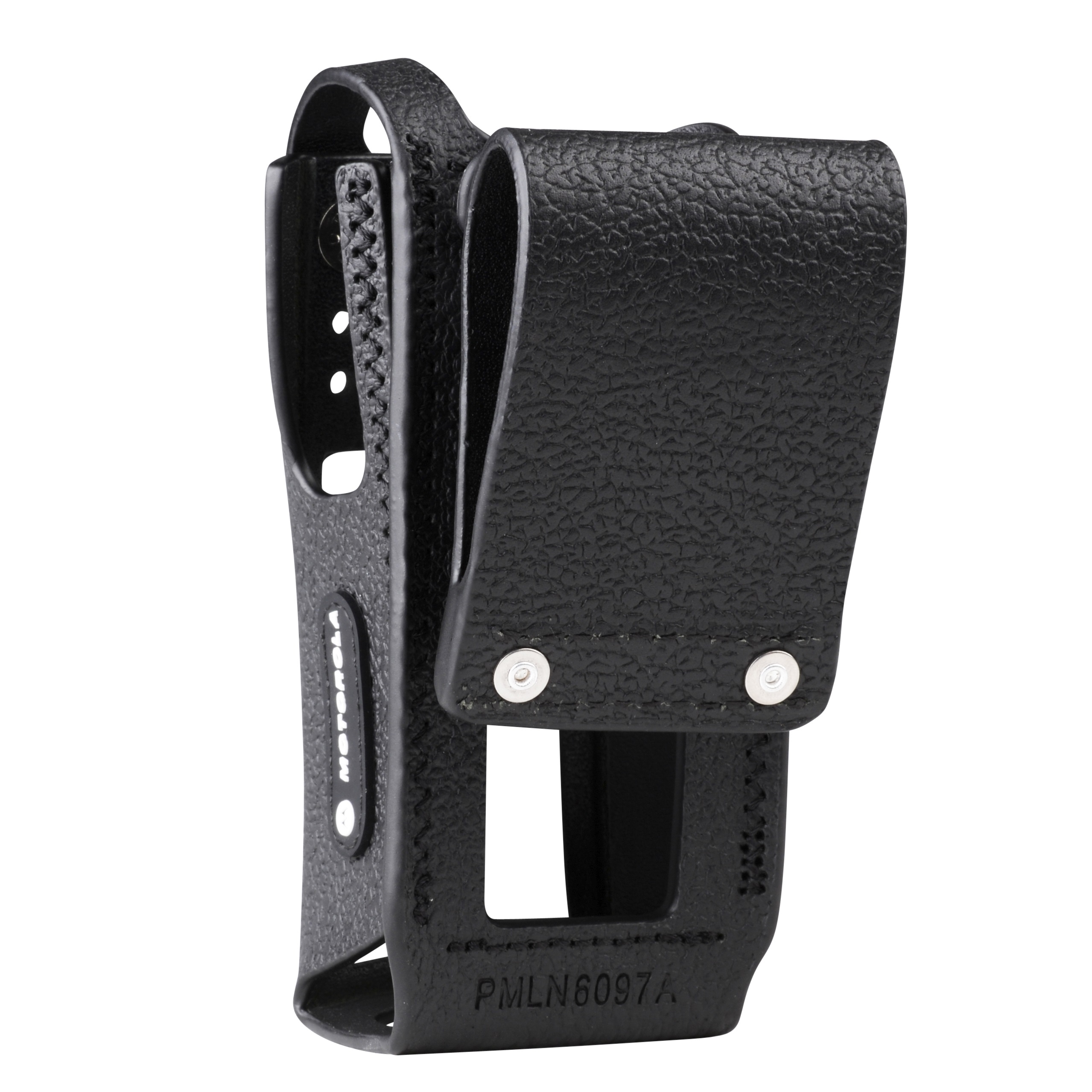 Étui en cuir noir pour radio portable.