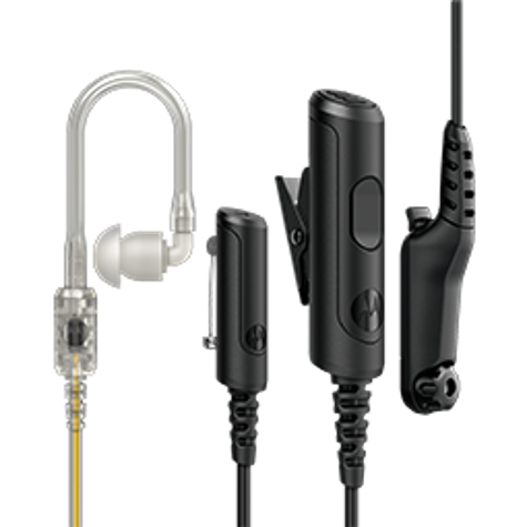 Earpiece with transparent tube, black microphone, and clip.