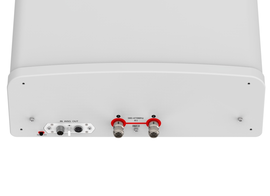 Achterkant van een technisch apparaat met meerdere aansluitingen en labels.