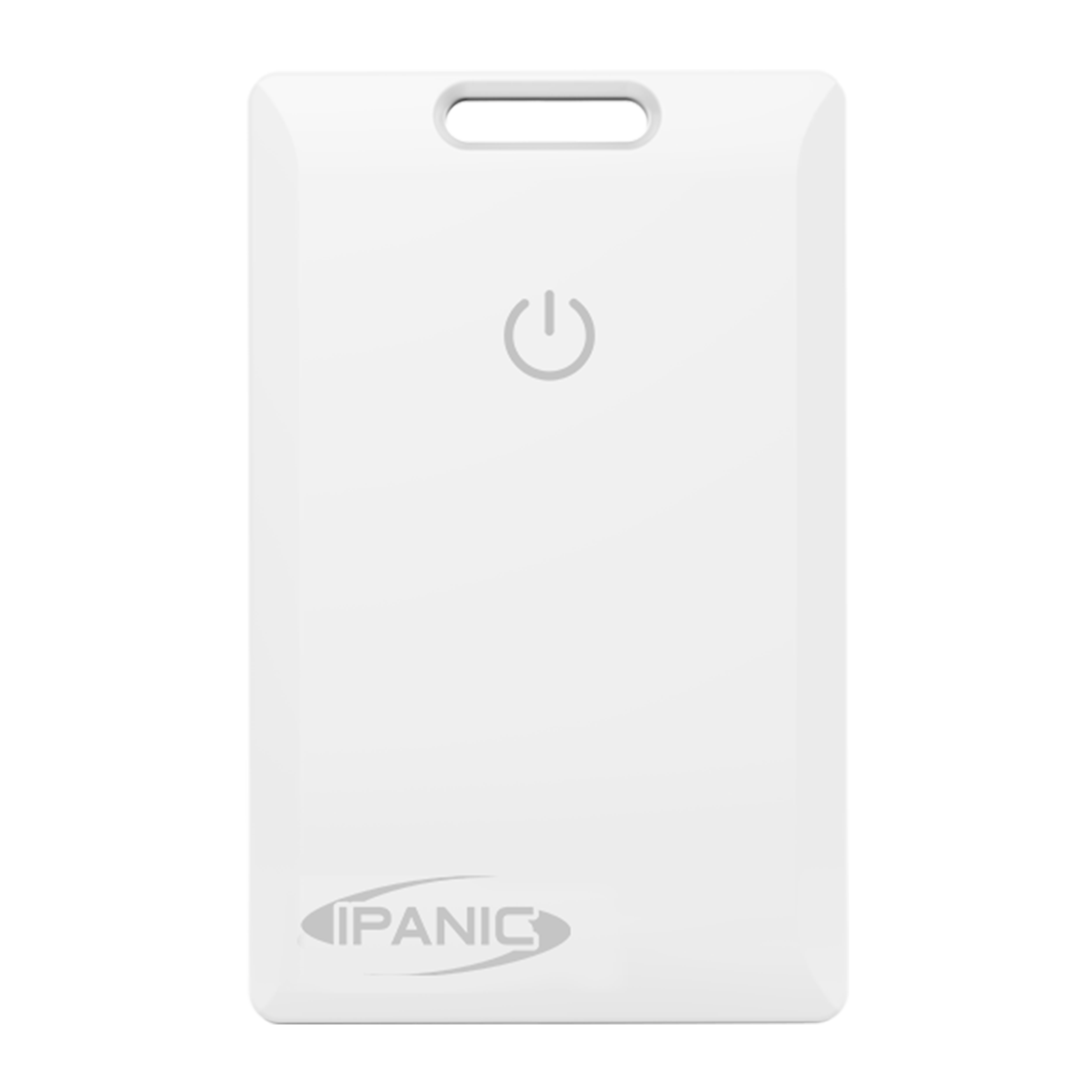 Carte plastique blanche avec icône de puissance et marque.