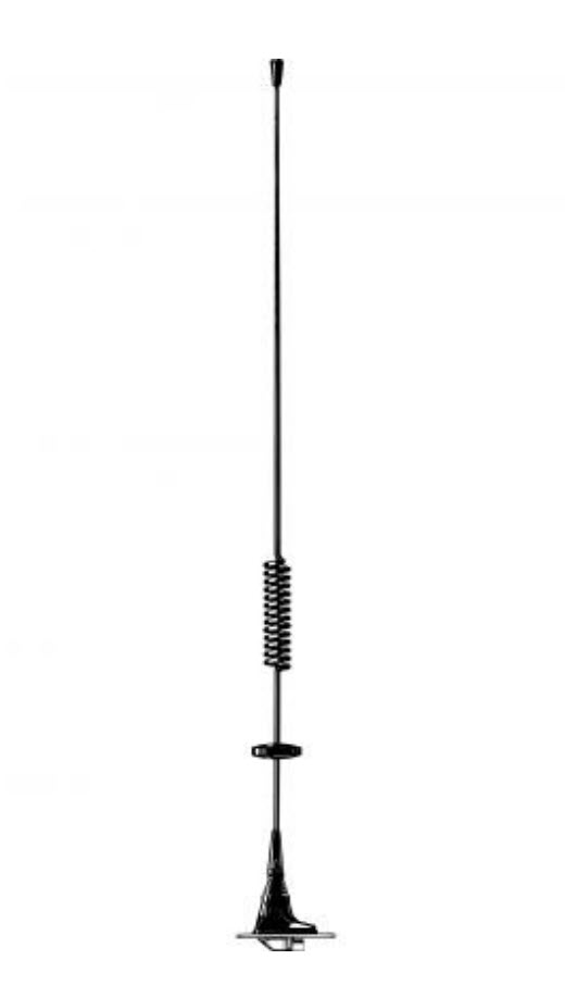 Zwarte autoantenne met spiraal in het midden, verticaal gericht.