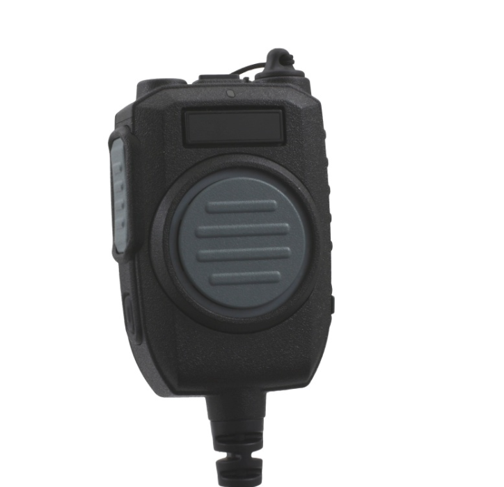 Zwarte radio met grijze microfoonknop en antenne.