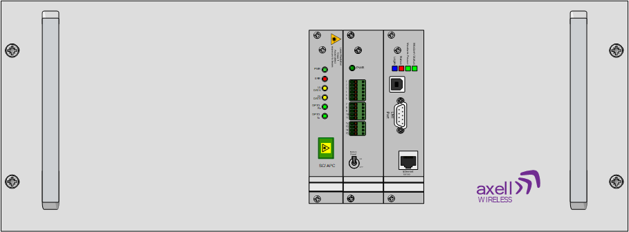 Tableau de commande électronique avec indicateurs et ports, logo axell wireless à droite.