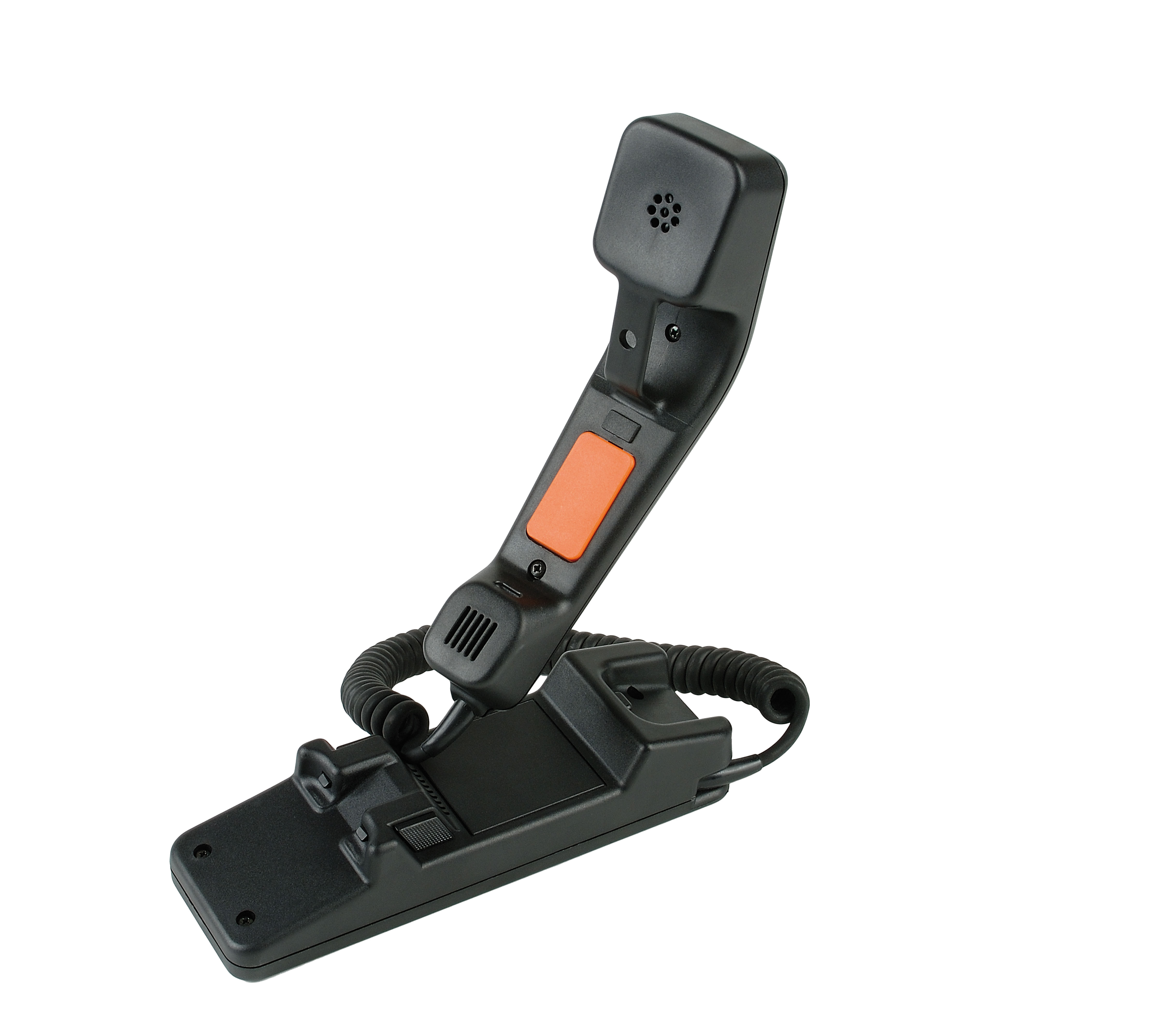 Combiné téléphonique noir avec bouton orange sur base, cordon spiralé.