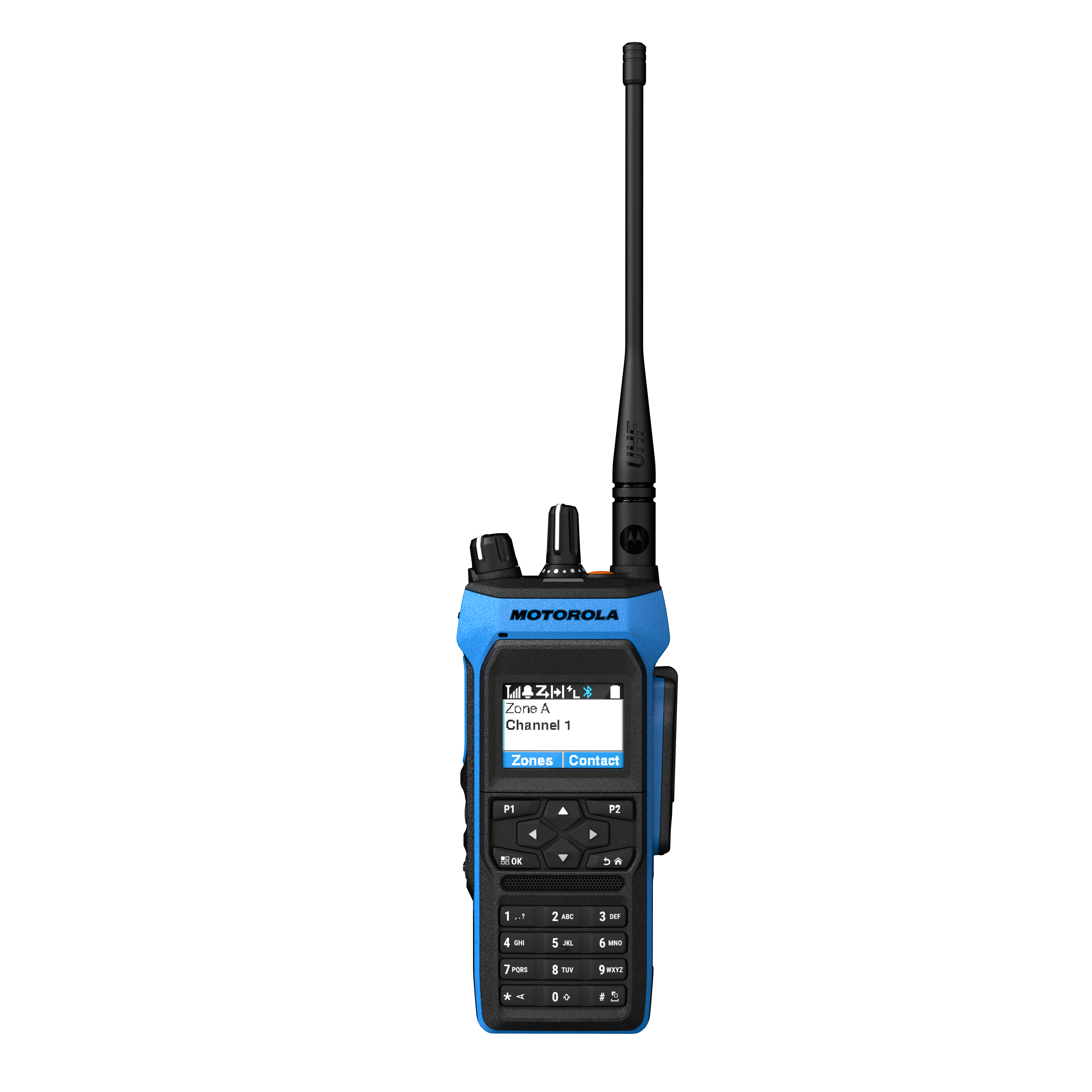 Blue handheld radio with display, keypad, and antenna.