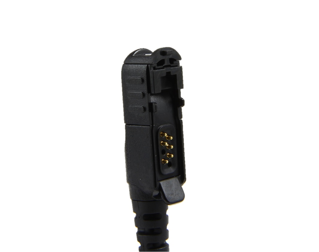 Zwarte kunststof connector met zes gouden pinnen, verticaal uitgelijnd.