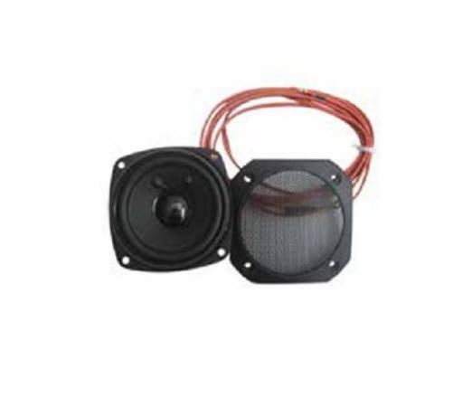 Two black speakers with wires, one square and one round.