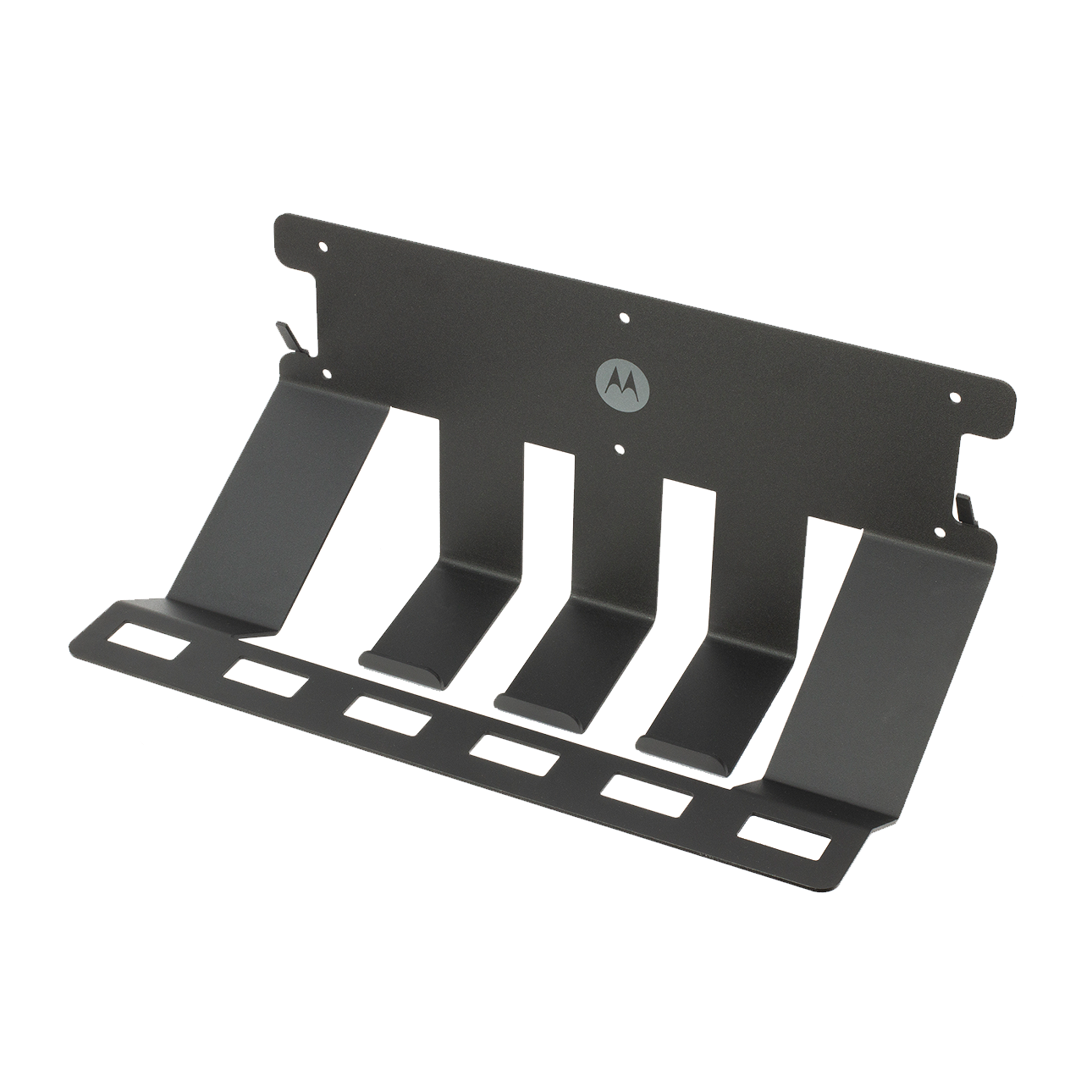 Black metal rack with five slots for cables or devices.
