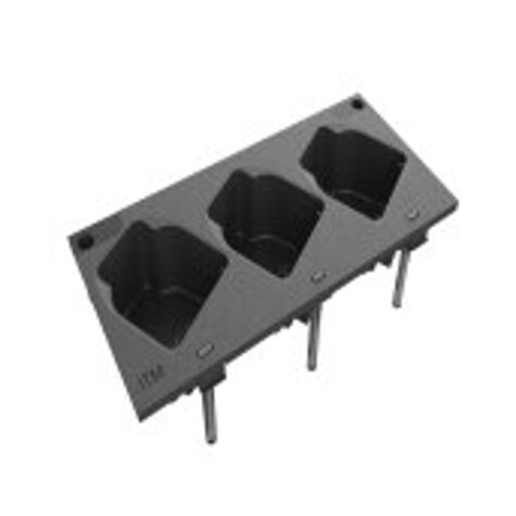 Zwarte kunststofhouder met drie hexagonale openingen.