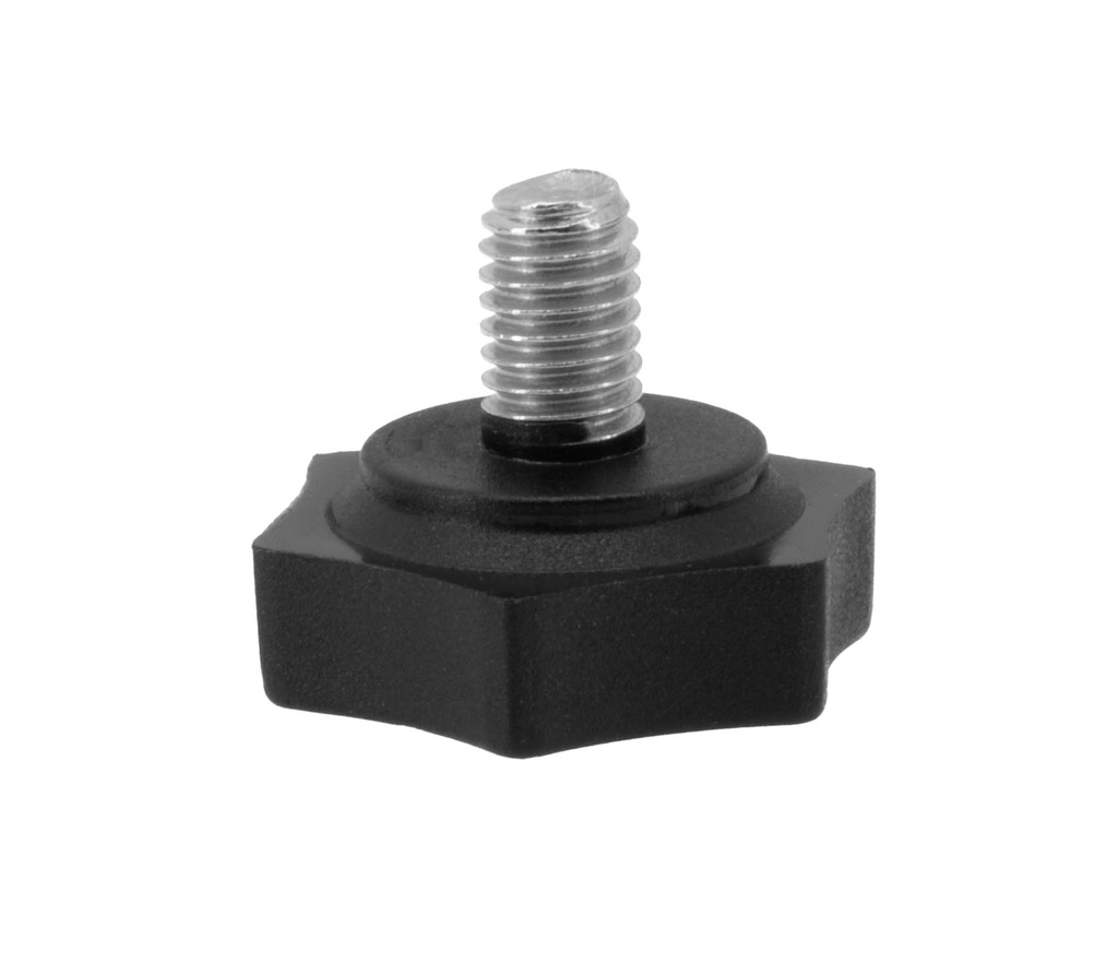 Zwarte kunststof knop met metalen schroefdraad, stervormig.