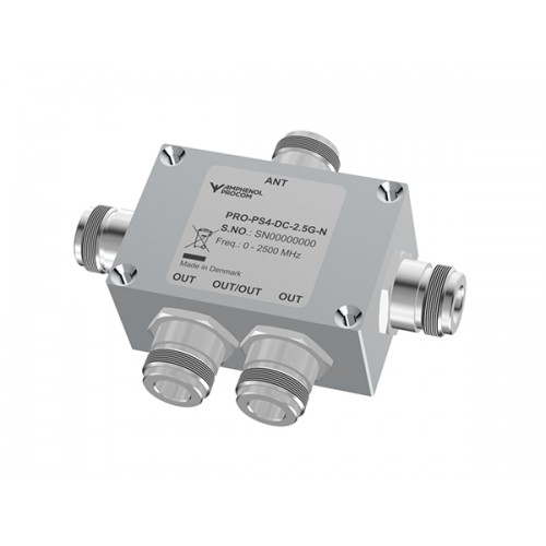 Vierweg splitter onderdeel met 0-2500 MHz frequentie, vijf aansluitingen.