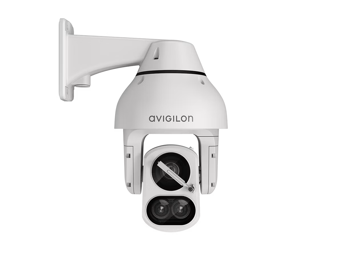 White surveillance camera with wall mount, two lenses.