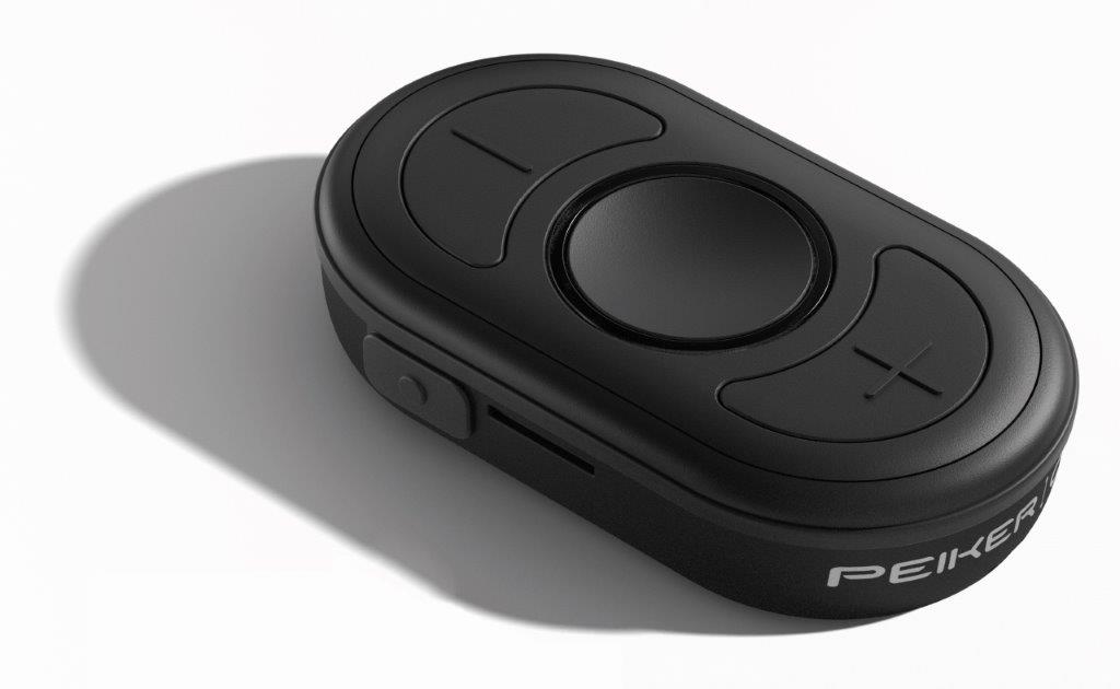 Zwarte ovale Bluetooth-controller met volumeknoppen.
