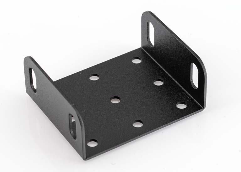 Zwart metalen beugel met meerdere gaten.