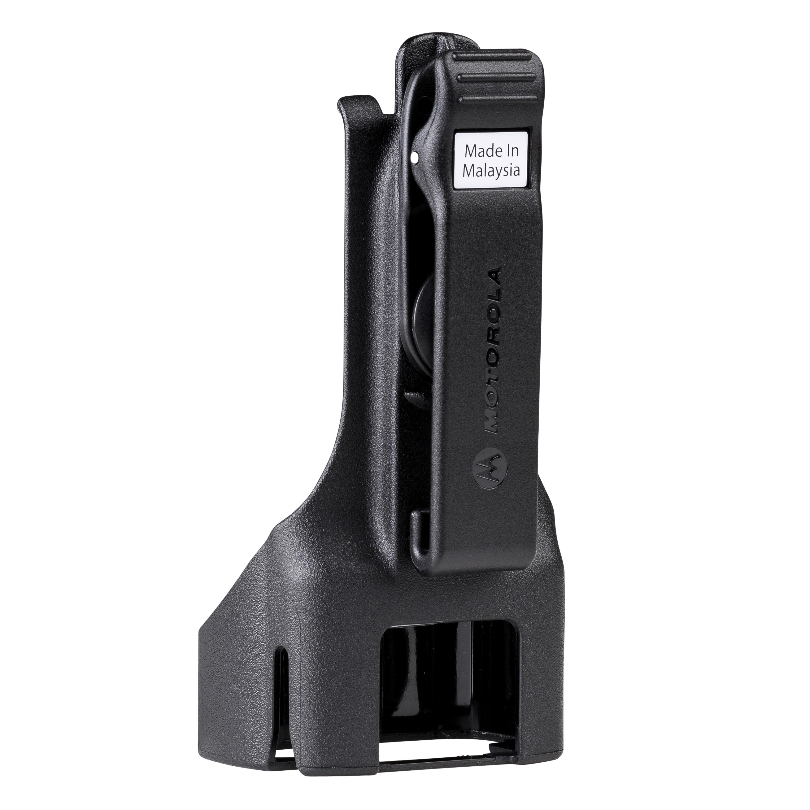 Zwarte riemclip met Motorola-logo, label: Made in Malaysia.