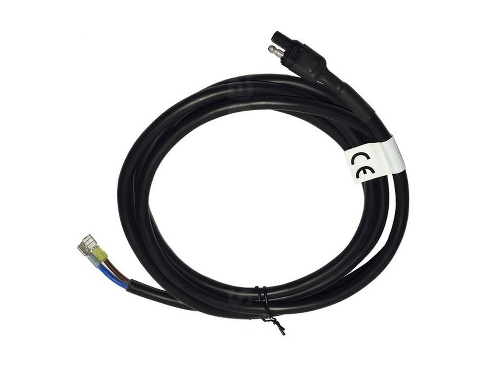Black power cable, one end plug, other end open wires, CE mark.