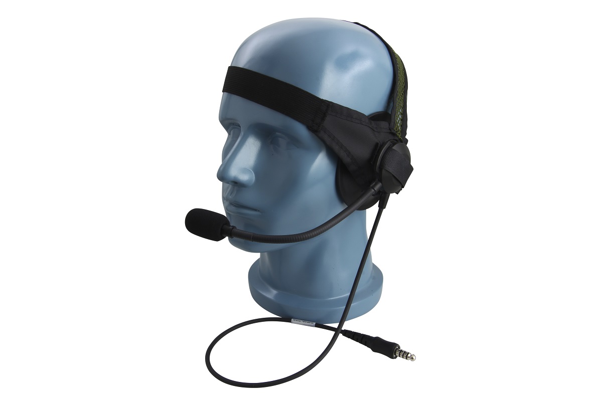 Blauw plastic hoofd met headset en microfoon, kabel met 3,5 mm plug.