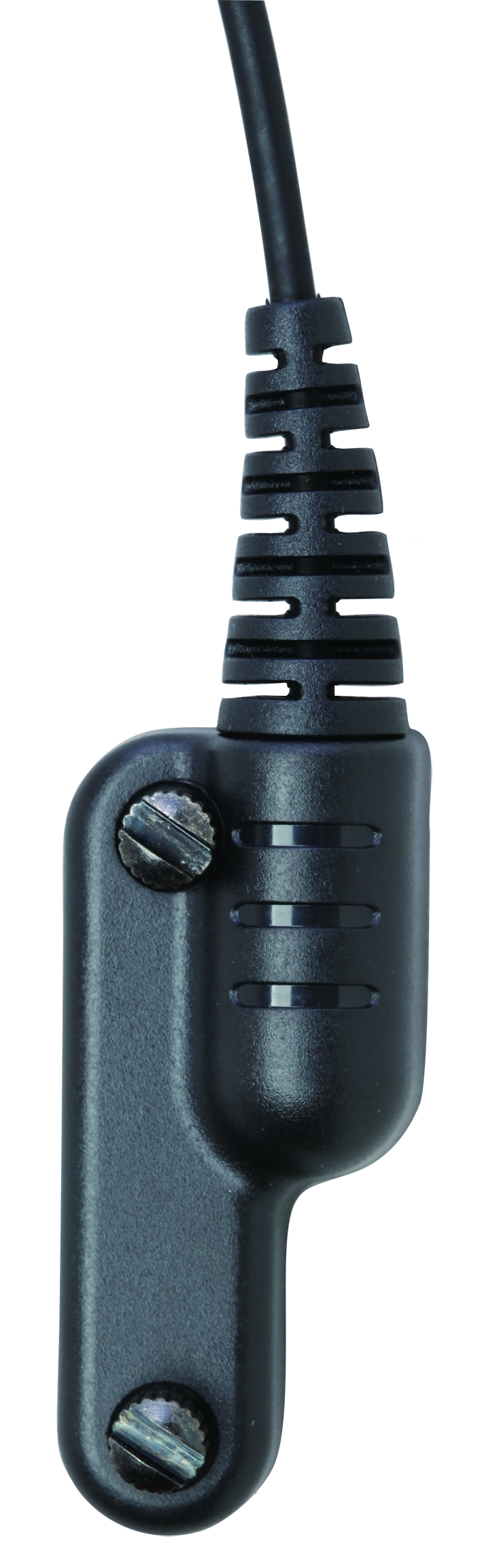 Zwarte connector met twee schroeven en kabel.