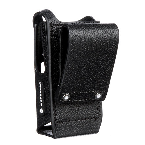 Black leather carrying case for radio with belt clip.