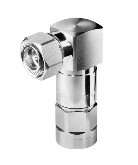 Metal elbow fitting with thread and hexagonal nut.