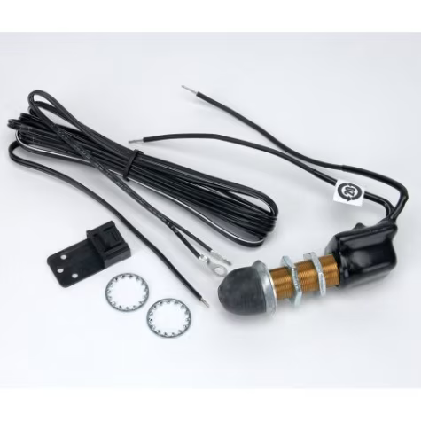 Faisceau de câblage avec support, capteur en caoutchouc et deux rondelles sur fond blanc.