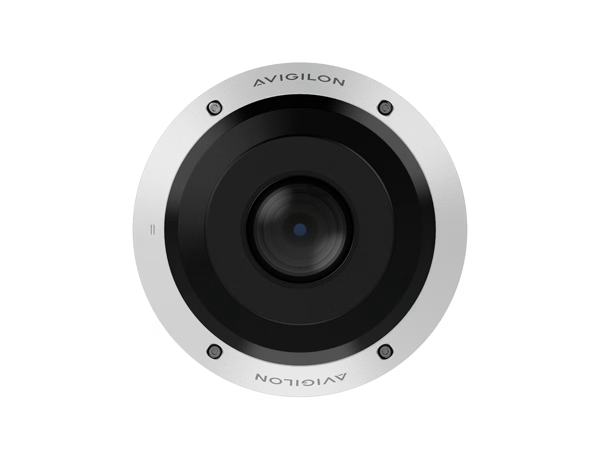 Round camera with black center, silver border, and 'Avigilon' label.