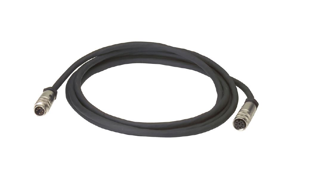 Câble noir avec deux connecteurs ronds en métal à chaque extrémité.