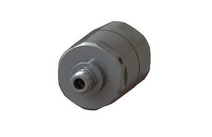 Cylindrical metal valve with threaded connector, side view.