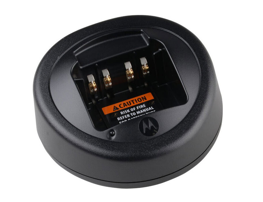Black charging dock with caution label: Risk of fire.