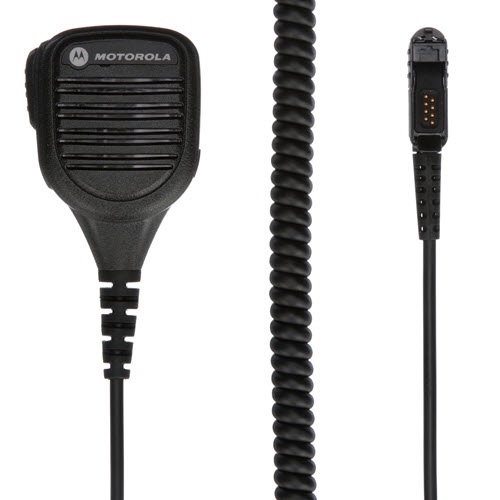 Black Motorola handheld microphone with cable and connector.