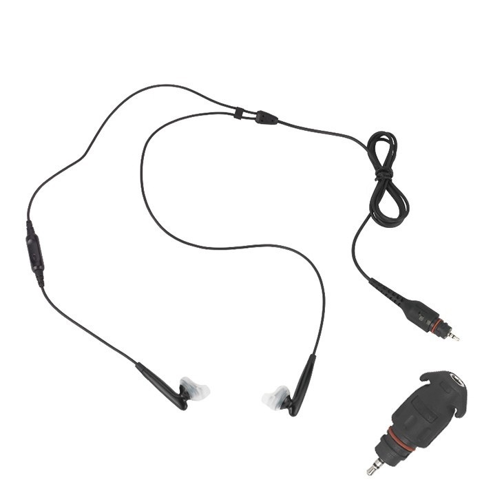 Black in-ear headphones with cable and detachable plug.