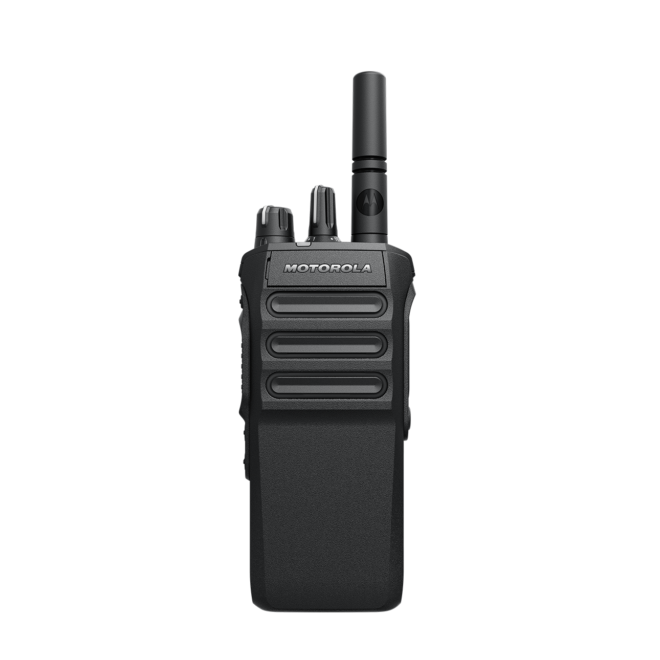 Zwart draagbaar radiotoestel met drie knoppen en een antenne bovenop