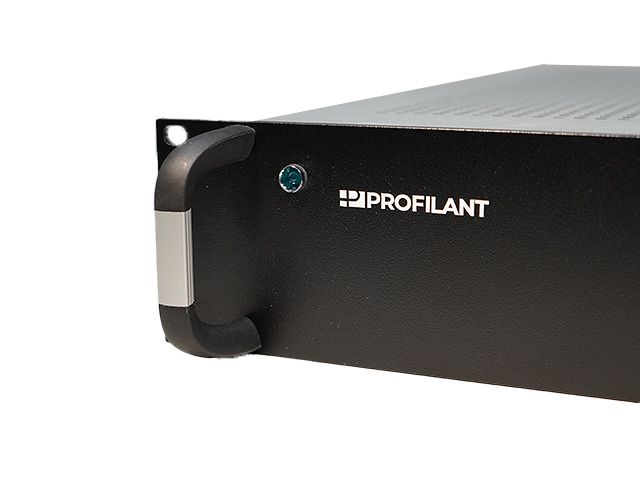 Close-up of a black server case with handle and logo.