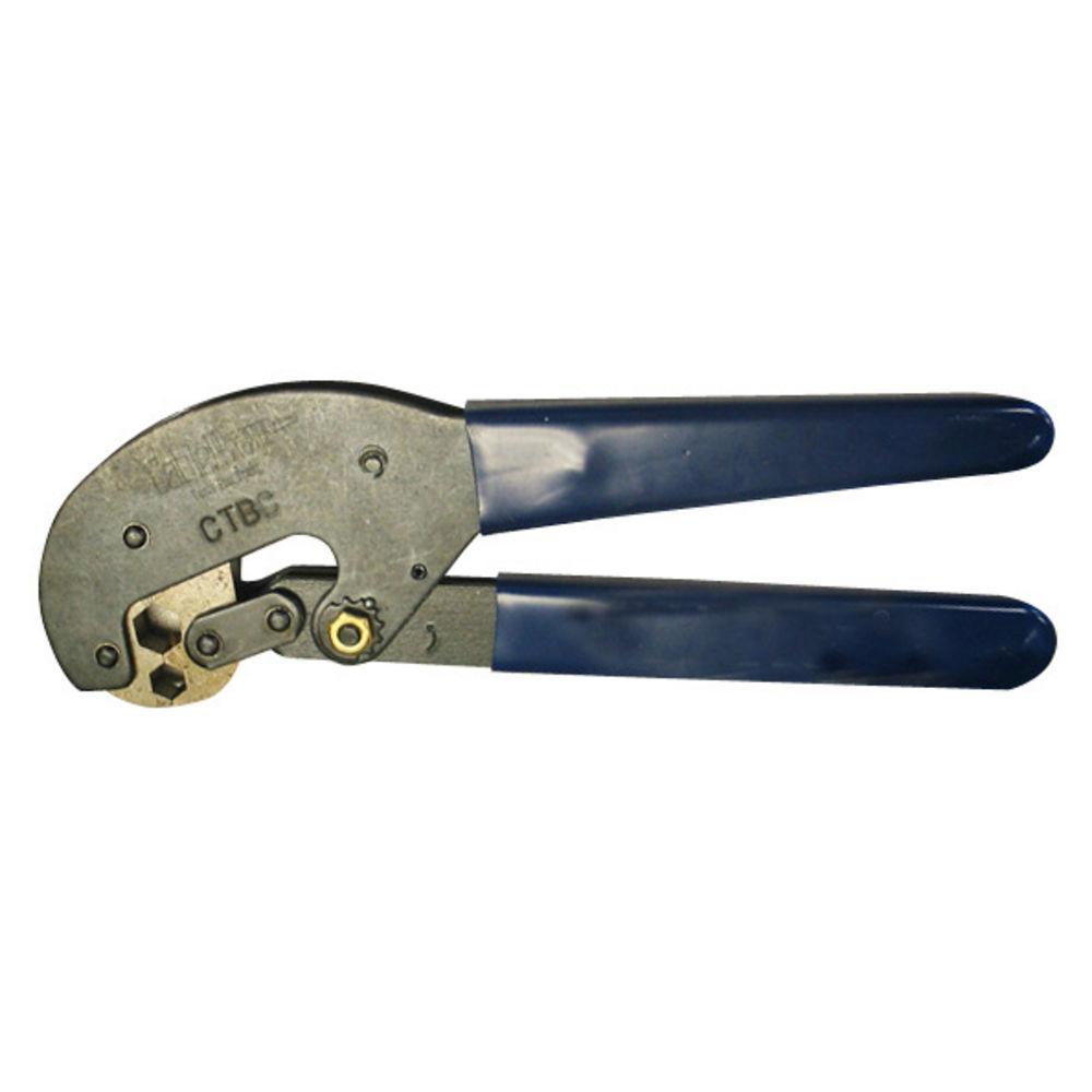 Crimping tool with blue handles for cable processing.