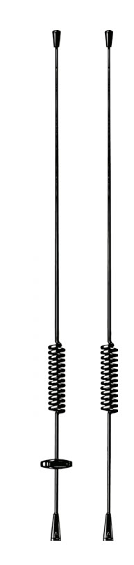 Twee zwarte radioantennes met spoelen op de staven.