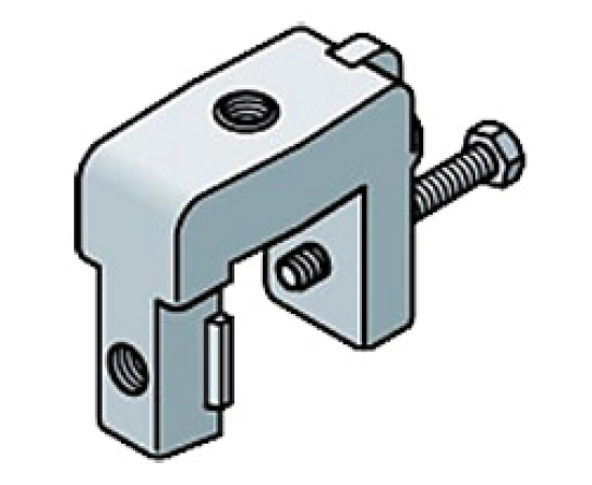 Metal angle bracket with screws and threaded holes.